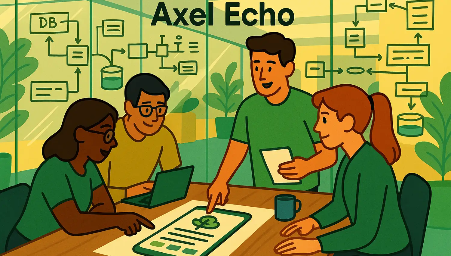 Sobre nosotros 2 - Axel Echo – Imagen de acción ecológica Lluvia de ideas en equipo de Axel Echo en un espacio de trabajo creativo | Axel Echo – Imagen de acción ecológica