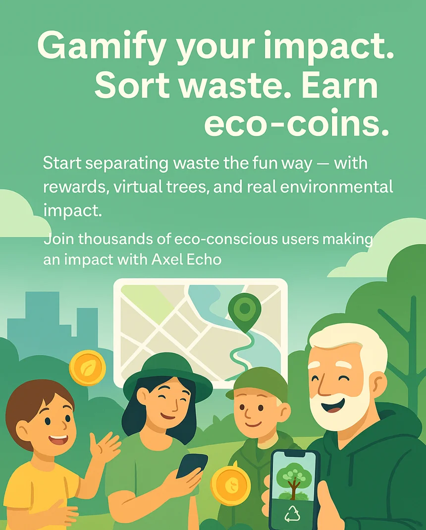 People of different ages using an eco app outdoors with a city and nature background – Axel Echo