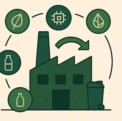 Invierta en Axel Echo: tecnología verde escalable con impacto 2 - Axel Echo – Imagen de acción ecológica Materiales reciclables alrededor de la fábrica y flechas.