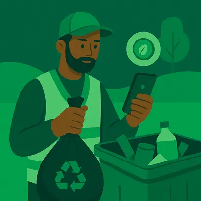 Axel Echo 12 - Axel Echo – Imagen de acción ecológica Trabajador de saneamiento escaneando la recolección de basura con un teléfono inteligente con uniforme verde
