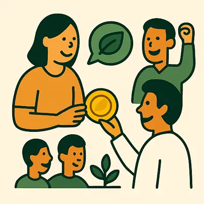 Invierta en Axel Echo: tecnología verde escalable con impacto 12 - Axel Echo – Imagen de acción ecológica Personas intercambiando monedas y celebrando con íconos ecológicos.