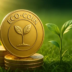 Una pila realista de monedas ecológicas con una hoja verde creciendo detrás de ella.
