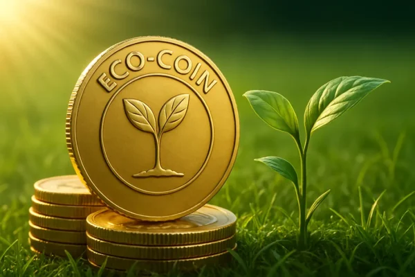 Una pila realista de monedas ecológicas con una hoja verde creciendo detrás de ella.