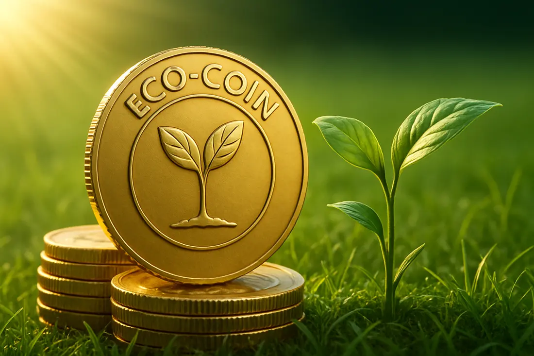 Una pila realista de monedas ecológicas con una hoja verde creciendo detrás de ella.