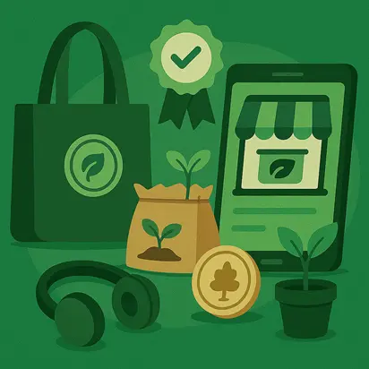 Axel Echo 17 - Axel Echo – Imagen de acción ecológica Pantalla de tienda de productos ecológicos como semillas, bolsas, monedas y tabletas con temática verde