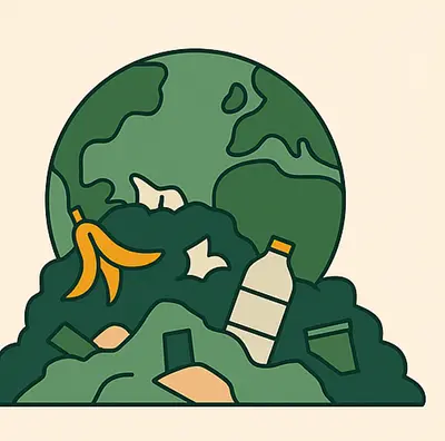 Invierta en Axel Echo: tecnología verde escalable con impacto 1 - Axel Echo – Imagen de acción ecológica Vertedero desbordado con un globo terráqueo al fondo