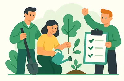 Soluciones Axel Echo 2 - Axel Echo – Imagen de acción ecológica Grupo de personas que trabajan juntas en un proyecto ecológico como limpiar, plantar o ganar puntos.