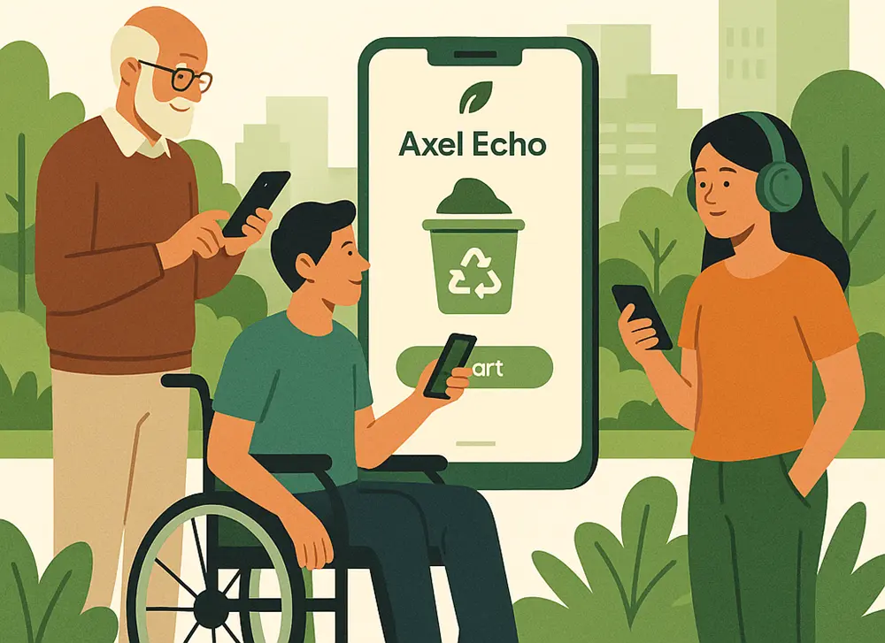 Accessibility Statement 1 - Axel Echo – Eco Action Image Diverse group of people using Axel Echo app, including a wheelchair user, elderly man, and young woman with headphones.