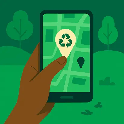 Axel Echo 11 - Axel Echo – Imagen de acción ecológica Mano marcando el punto de reciclaje en el mapa del teléfono inteligente con un alfiler verde