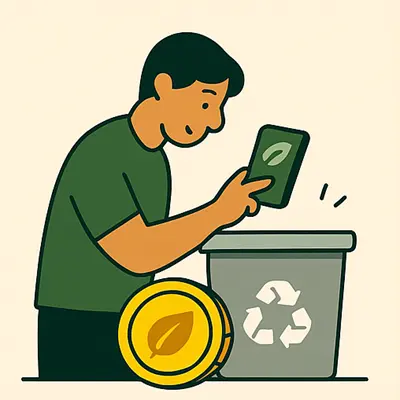 Invierta en Axel Echo: tecnología verde escalable con impacto 29 - Axel Echo – Imagen de acción ecológica Persona etiquetando basura y recibiendo monedas
