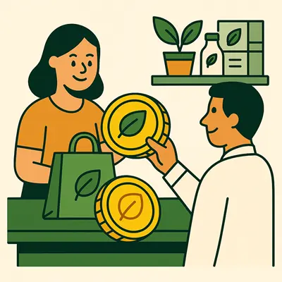 Invierta en Axel Echo: tecnología verde escalable con impacto 5 - Axel Echo – Imagen de acción ecológica Personas intercambiando monedas ecológicas por productos ecológicos y descuentos.