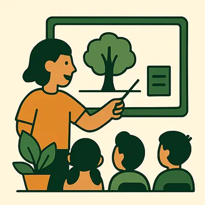 Invierta en Axel Echo: tecnología verde escalable con impacto 35 - Axel Echo – Imagen de acción ecológica Aula con niños, árbol y pantalla.