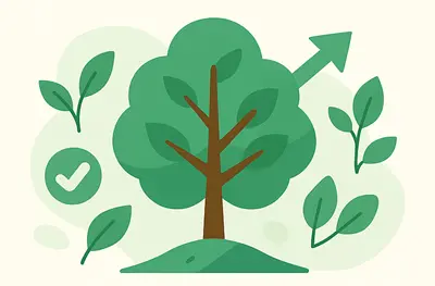 Soluciones Axel Echo 3 - Imagen de Axel Echo – Eco Action Un árbol virtual estilizado que crece desde un pequeño brote hasta la plena floración con íconos ecológicos a su alrededor.