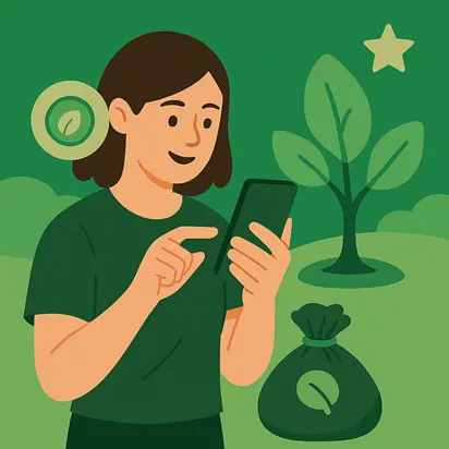 Axel Echo 13 - Axel Echo – Imagen de acción ecológica Mujer sonriendo y usando una aplicación con una moneda ecológica y el símbolo de un árbol en el fondo