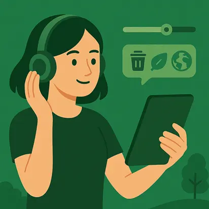 Axel Echo 15 - Axel Echo – Imagen de acción ecológica Mujer joven con auriculares sosteniendo una tableta y escuchando lecciones ecológicas
