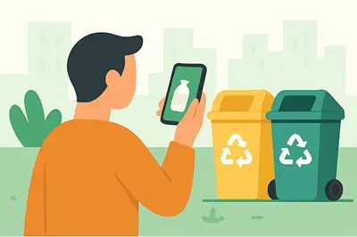 Soluciones Axel Echo 1 - Axel Echo – Imagen de acción ecológica Persona que usa el teléfono cerca de contenedores de reciclaje con residuos clasificados en un entorno urbano verde