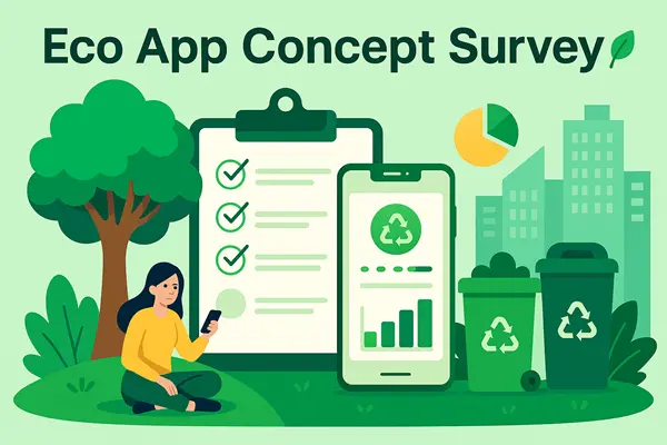 Ilustración del concepto de encuesta de la aplicación ecológica con monedas ecológicas y un teléfono inteligente sobre fondo verde.