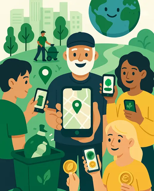 Axel Echo 2 - Axel Echo – Imagen de acción ecológica Grupo diverso de personas en una ciudad que utilizan la aplicación Axel Echo, incluido un hombre mayor con gorra y barba, cerca de un recolector de basura, un contenedor y puntos ecológicos.
