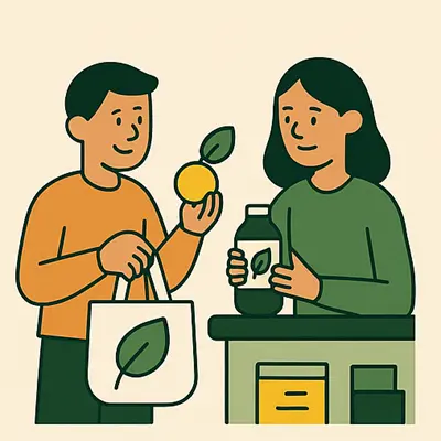Invierta en Axel Echo: tecnología verde escalable con impacto 22 - Axel Echo – Imagen de acción ecológica Jóvenes comprando productos con etiqueta ecológica