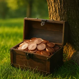 Pila de monedas ecológicas doradas sobre el césped con un brote joven que simboliza el crecimiento ecológico.