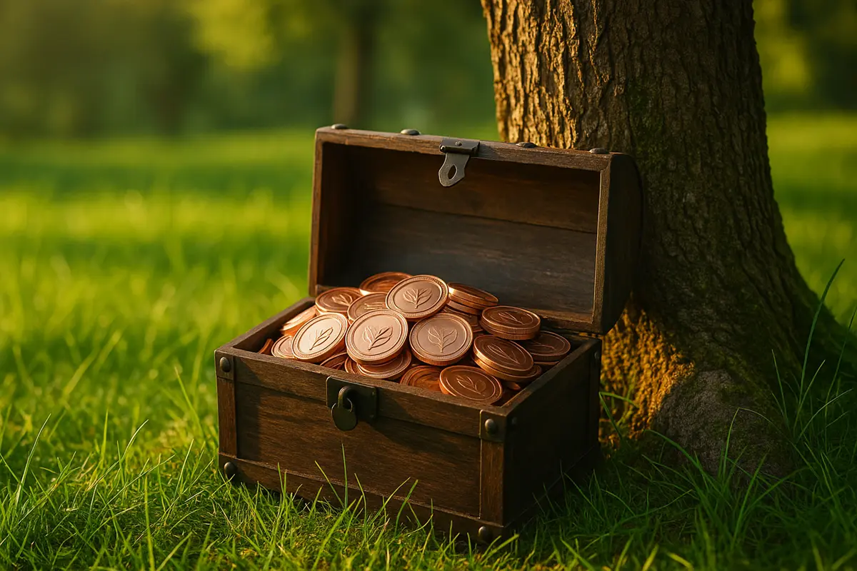 Pila de monedas ecológicas doradas sobre el césped con un brote joven que simboliza el crecimiento ecológico.