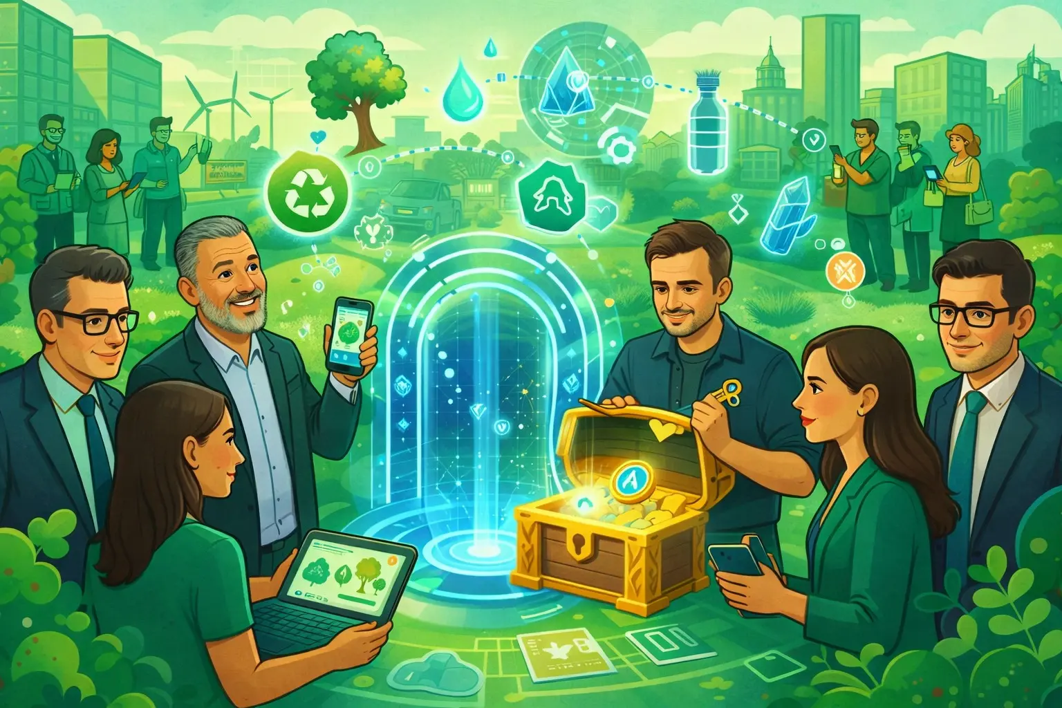 Illustration of a team developing an AR-based eco gamification platform, showing a mobile app with radar, AR portal, virtual chest, and collectible environmental resources in a modern city setting.