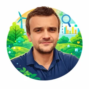 Sergii, Dev Architect and Fullstack Developer at Axel Echo, illustrated team avatar in eco-tech flat design style representing sustainable technology and system architecture.