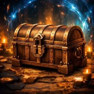Bronze treasure chest illuminated by magical portal energy and candlelight