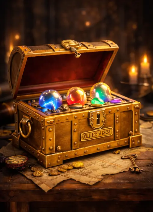 Gold Chest 4 - Axel Echo – Eco Action Image Open gold treasure chest filled with coins and colorful gemstones