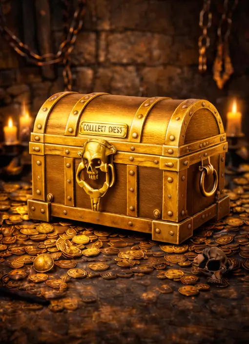 Gold Chest 5 - Axel Echo – Eco Action Image Gold treasure chest placed on rocks near the ocean with a pirate ship in the distance