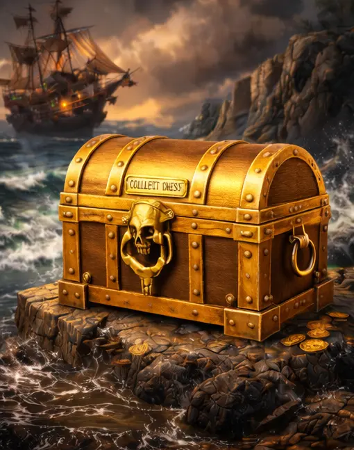 Gold Chest 3 - Axel Echo – Eco Action Image Closed gold treasure chest with metal lock resting on scattered coins