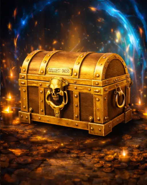 Gold Chest 1 - Axel Echo – Eco Action Image Gold treasure chest illuminated by magical portal energy