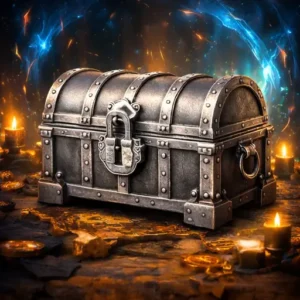 Silver treasure chest illuminated by magical portal energy